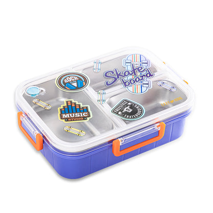 EAZY KIDS 3 Compartment Stainless Steel bento Lunch Box, 800ml w/ Lunch Bag - Skate Board Purple