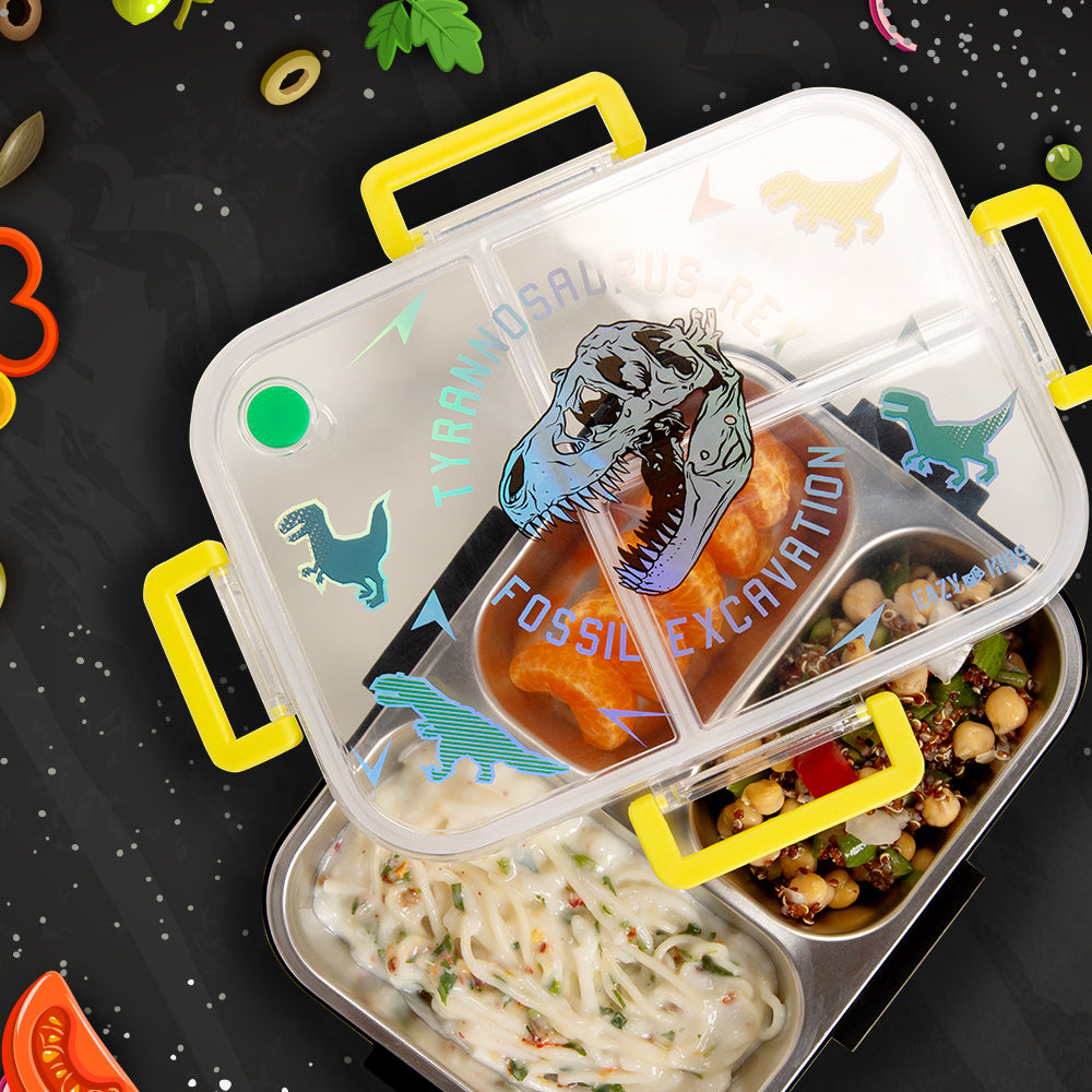 EAZY KIDS 3 Compartment Stainless Steel bento Lunch Box, 800ml w/ Lunch Bag - T- Rex Purple