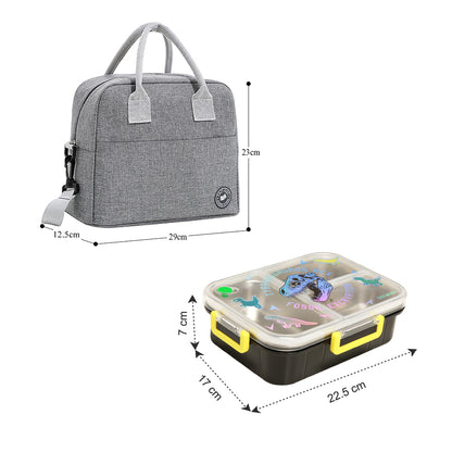 EAZY KIDS 3 Compartment Stainless Steel bento Lunch Box, 800ml w/ Lunch Bag - T- Rex Purple