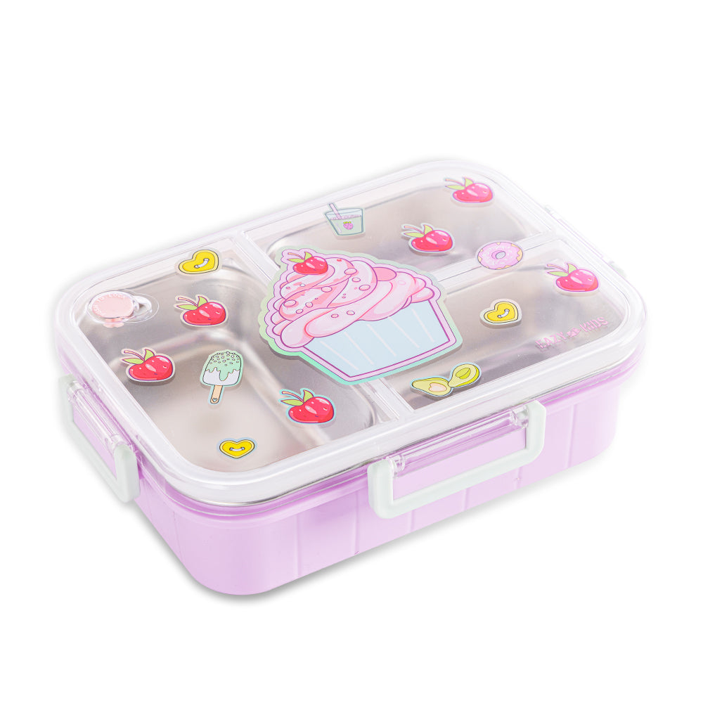 EAZY KIDS 3 Compartment Stainless Steel bento Lunch Box 800ml w/ Lunch Bag - Cup Cake Purple