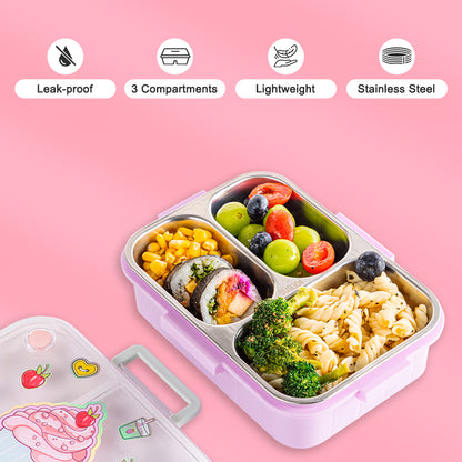 EAZY KIDS 3 Compartment Stainless Steel bento Lunch Box 800ml w/ Lunch Bag - Cup Cake Purple