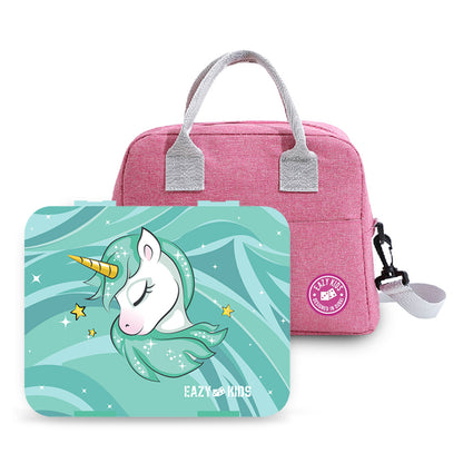 EAZY KIDS Bento Box wt Insulated Lunch Bag & Cutter Set - Combo - Unicorn Green