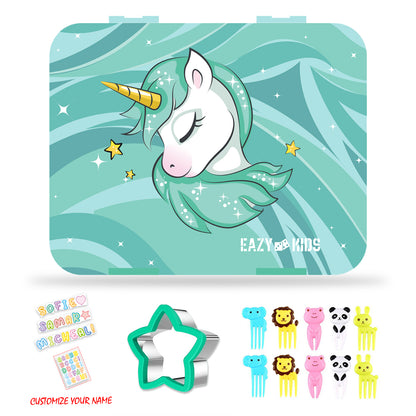 EAZY KIDS Bento Box wt Insulated Lunch Bag & Cutter Set - Combo - Unicorn Green