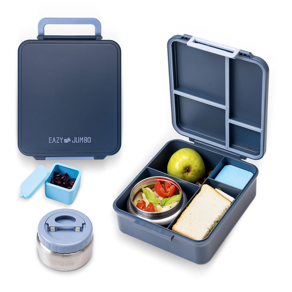 EAZY KIDS Jumbo Bento Lunch Box w/ Lunch Bag, Thermos & Dip Jar- Grey