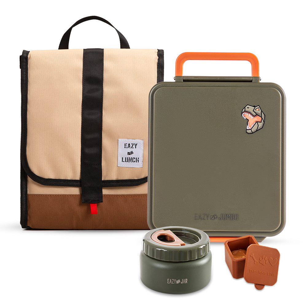 Eazy Kids Jumbo Bento Lunch Box w/ Lunch Bag, Thermos & Dip Jar- Green