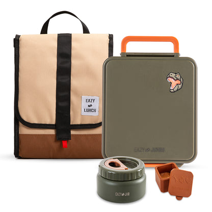 Eazy Kids Jumbo Bento Lunch Box w/ Lunch Bag, Thermos & Dip Jar- Green