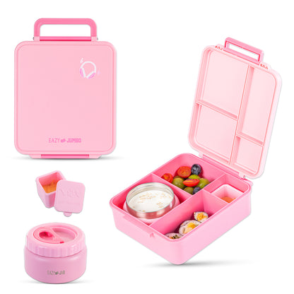 EAZY KIDS Jumbo Bento Lunch Box w/ Lunch Bag, Thermos & Dip Jar- Pink
