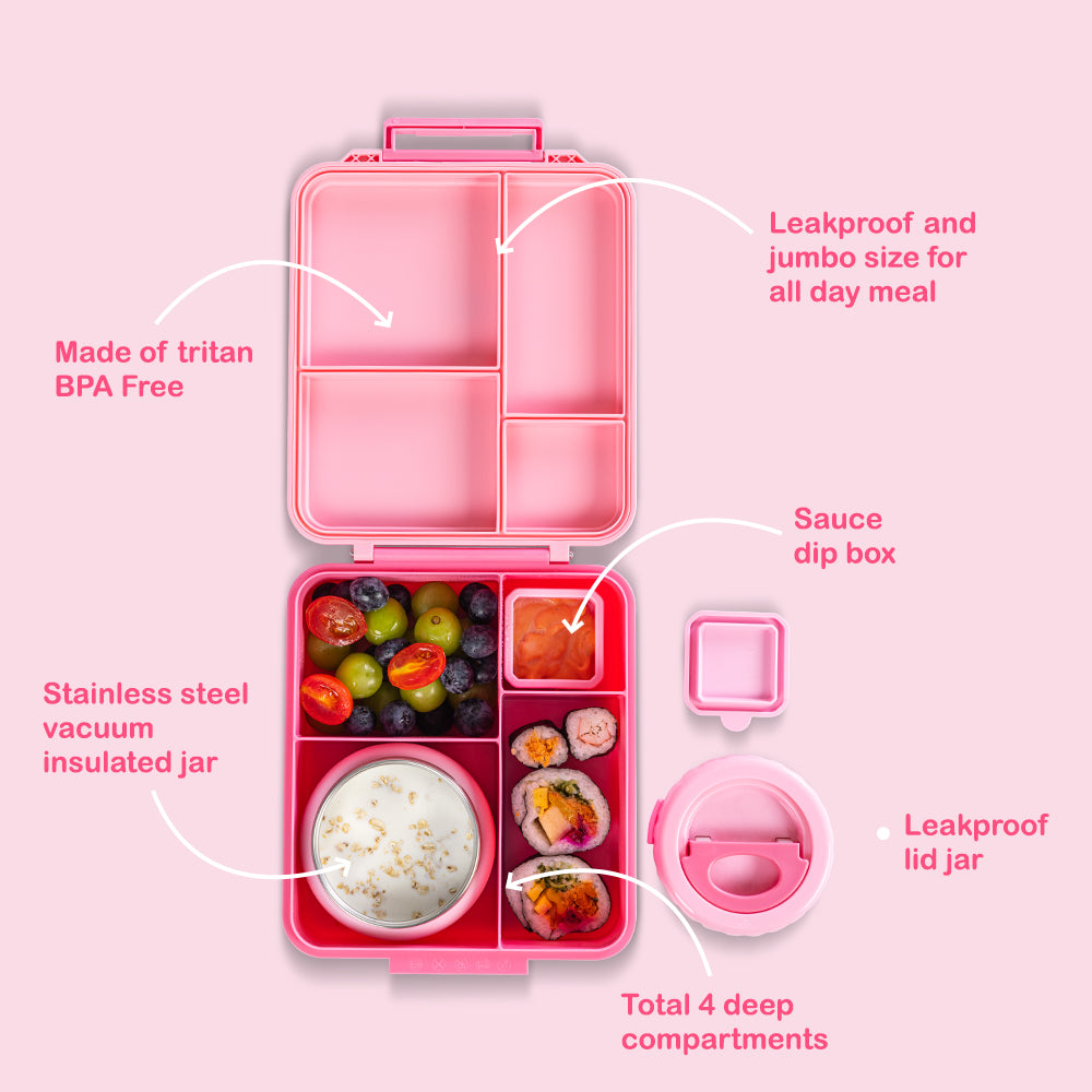 EAZY KIDS Jumbo Bento Lunch Box w/ Lunch Bag, Thermos & Dip Jar- Pink