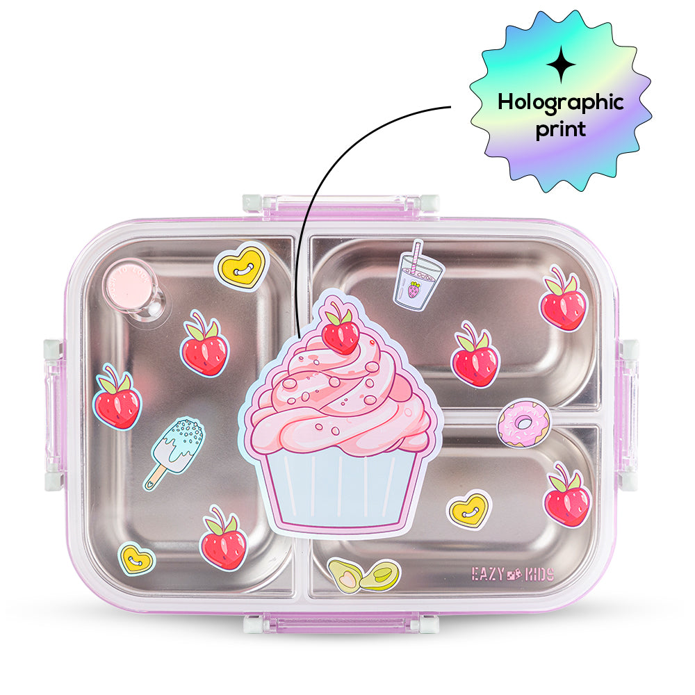 EAZY KIDS 3 Compartment 800ml Stainless Steel bento Lunch Box w/ Water Bottle - Cup Cake Purple