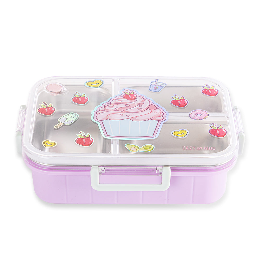 EAZY KIDS 3 Compartment 800ml Stainless Steel bento Lunch Box w/ Water Bottle - Cup Cake Purple