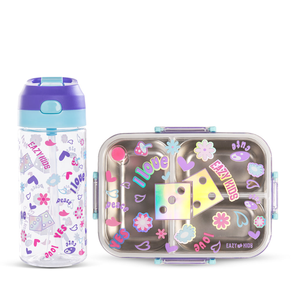 EAZY KIDS 3 Compartment 800ml Stainless Steel bento Lunch Box w/ Water Bottle - Floral Purple