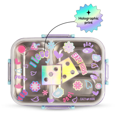 EAZY KIDS 3 Compartment 800ml Stainless Steel bento Lunch Box w/ Water Bottle - Floral Purple