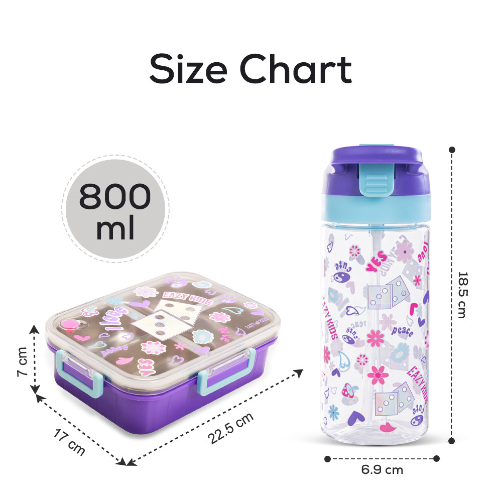 EAZY KIDS 3 Compartment 800ml Stainless Steel bento Lunch Box w/ Water Bottle - Floral Purple