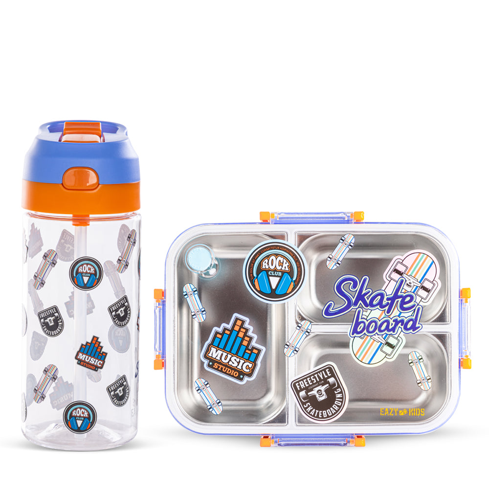 EAZY KIDS 3 Compartment 800ml Stainless Steel bento Lunch Box w/ Water Bottle - Skate Board Purple