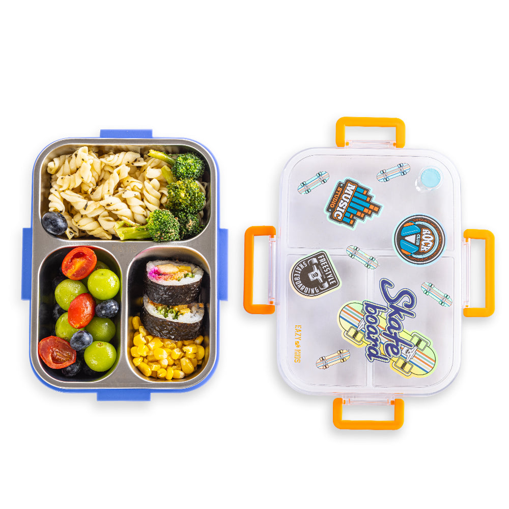 EAZY KIDS 3 Compartment 800ml Stainless Steel bento Lunch Box w/ Water Bottle - Skate Board Purple