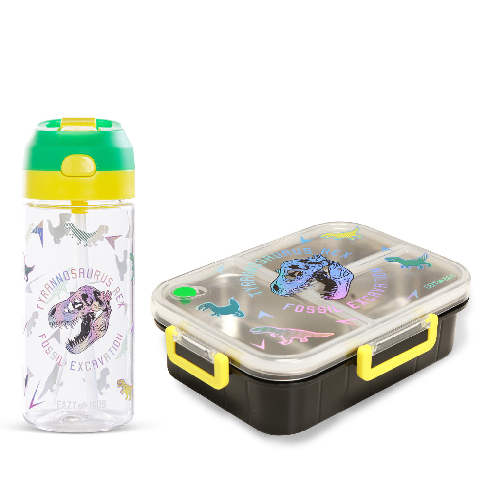 EAZY KIDS 3 Compartment 800ml Stainless Steel bento Lunch Box w/ Water Bottle - T- Rex Purple