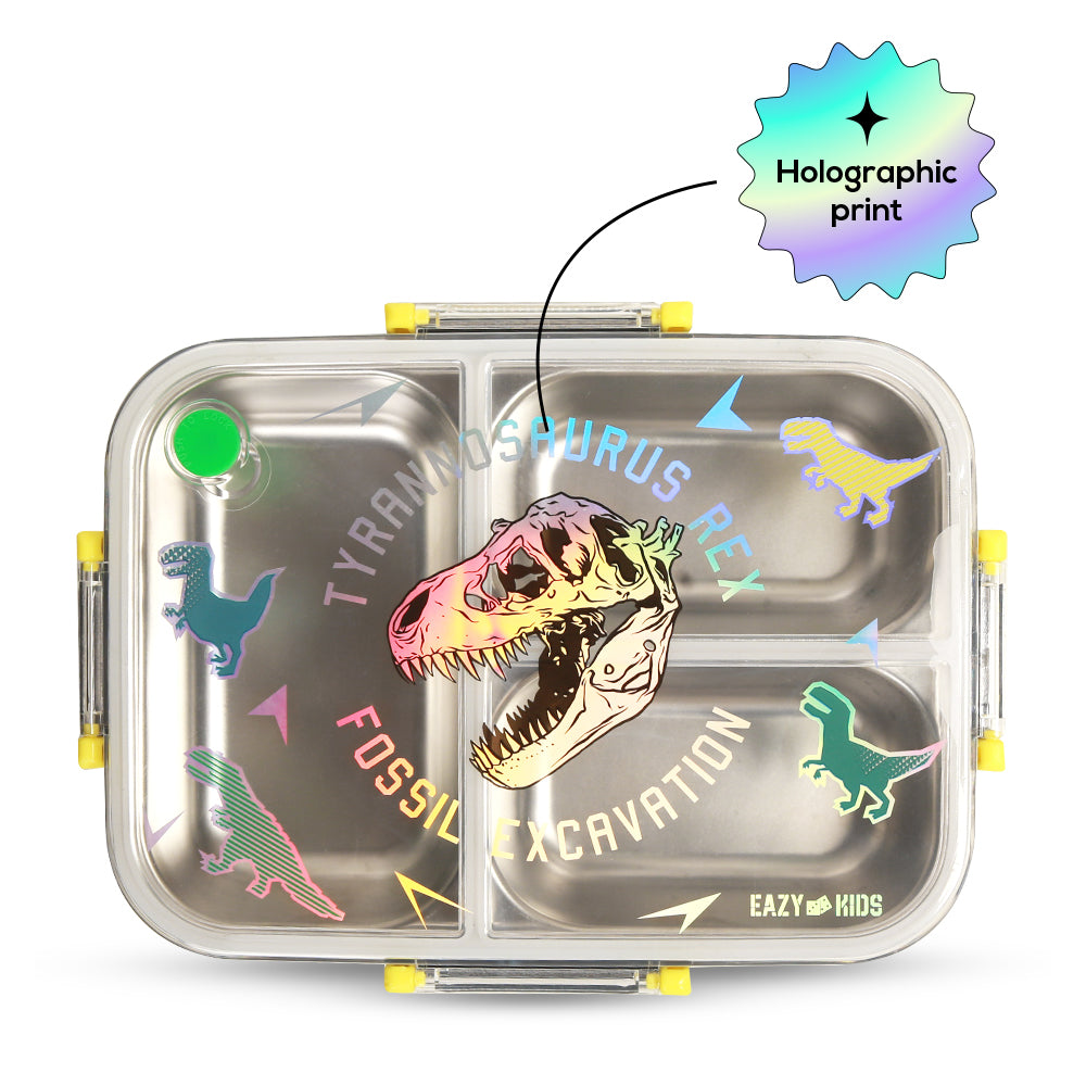EAZY KIDS 3 Compartment 800ml Stainless Steel bento Lunch Box w/ Water Bottle - T- Rex Purple