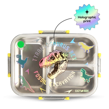 EAZY KIDS 3 Compartment 800ml Stainless Steel bento Lunch Box w/ Water Bottle - T- Rex Purple