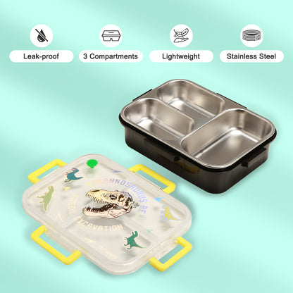 EAZY KIDS 3 Compartment 800ml Stainless Steel bento Lunch Box w/ Water Bottle - T- Rex Purple