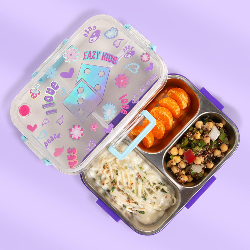 EAZY KIDS 3 Compartment 800ml Stainless Steel bento Lunch Box w/ Steel Water Bottle - Floral Purple