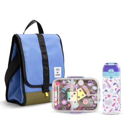 Eazy Kids 800ml Lunch Box with 500ml Water Bottle & Blue Lunch Bag - Purple