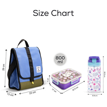 Eazy Kids 800ml Lunch Box with 500ml Water Bottle & Blue Lunch Bag - Purple