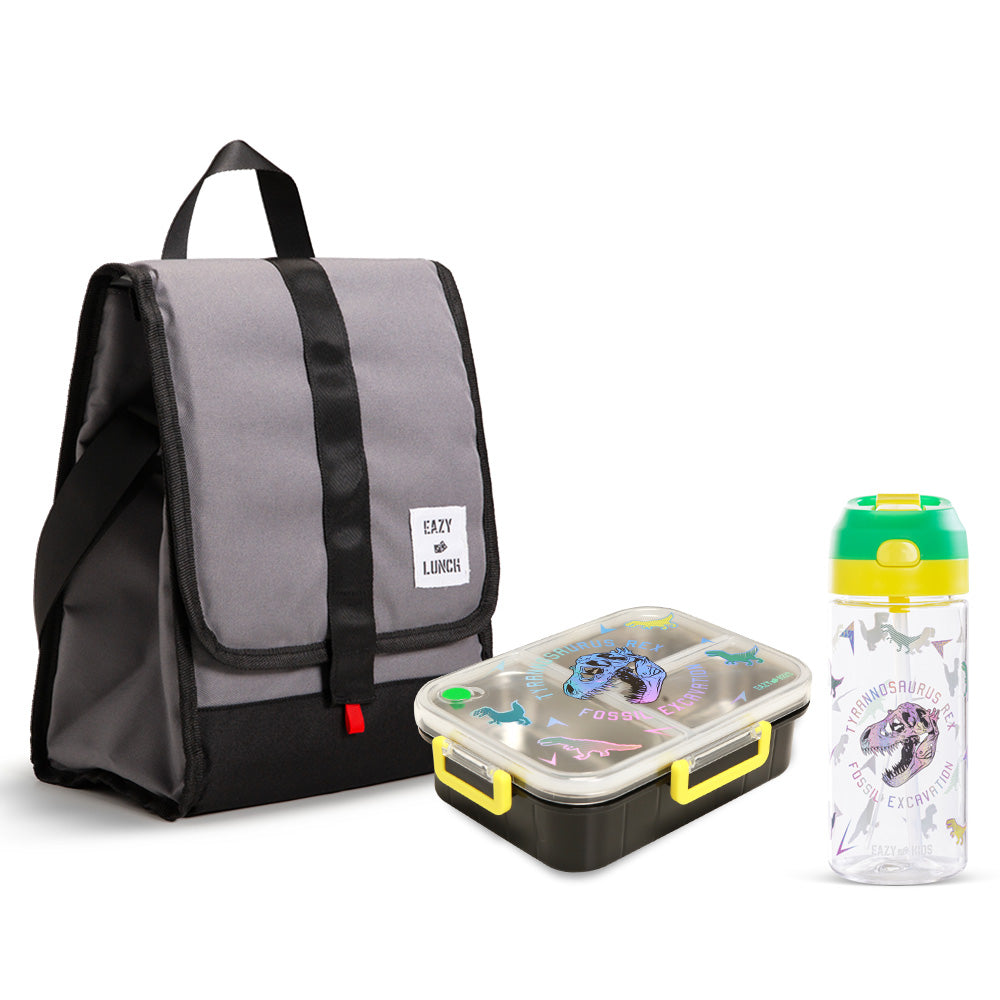 Eazy Kids 800ml Lunch Box with 500ml Water Bottle & Grey Lunch Bag - Black & Yellow