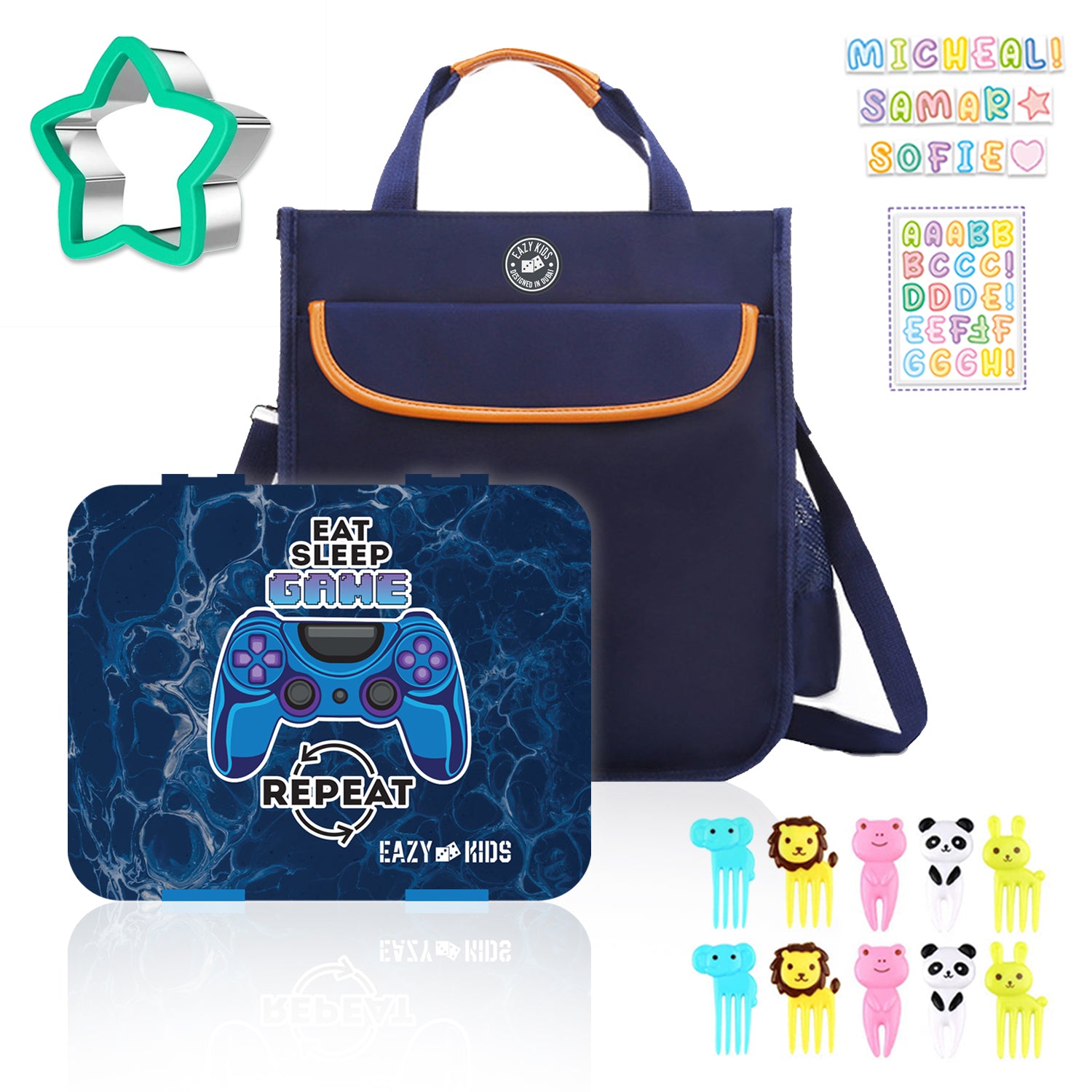 EAZY KIDS Eat Sleep Game Repeat 5 Compartment Bento Lunch Box w/Lunch Bag - Blue