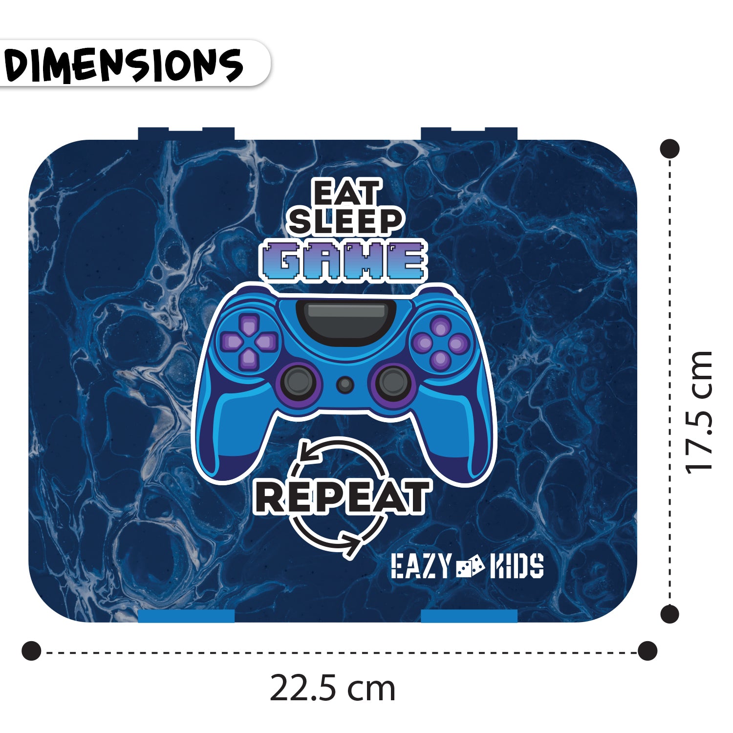 EAZY KIDS Eat Sleep Game Repeat 5 Compartment Bento Lunch Box w/Lunch Bag - Blue