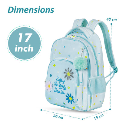 EAZY KIDS 17 inch School Bag Set of 4 w/4 Wheel Trolley, Lunch Bag and Pencil Pouch - Little Daisy Green