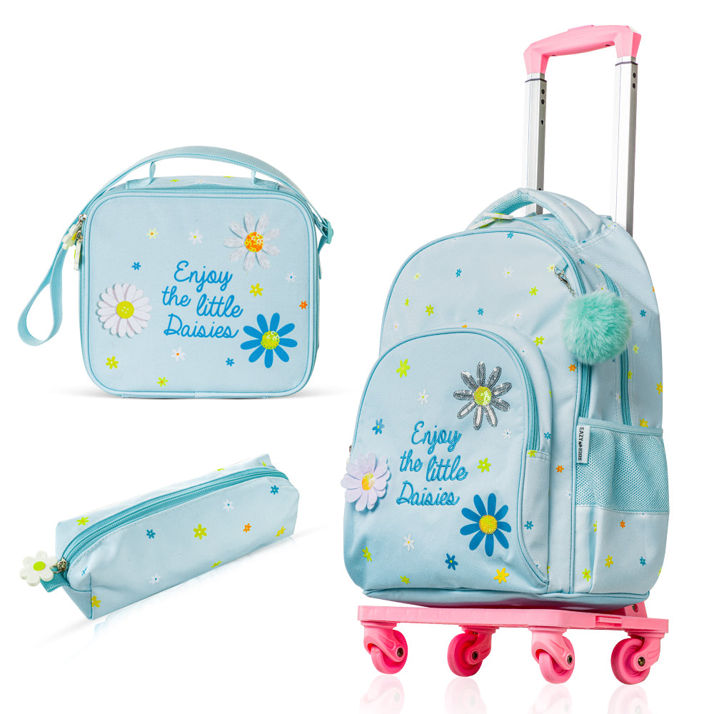EAZY KIDS 17 inch School Bag Set of 4 w/4 Wheel Trolley, Lunch Bag and Pencil Pouch - Little Daisy Green