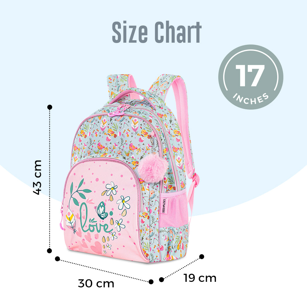 EAZY KIDS 17 inch School Bag Set of 3 w/4 Wheel Trolley, Pencil Pouch - Love Pink