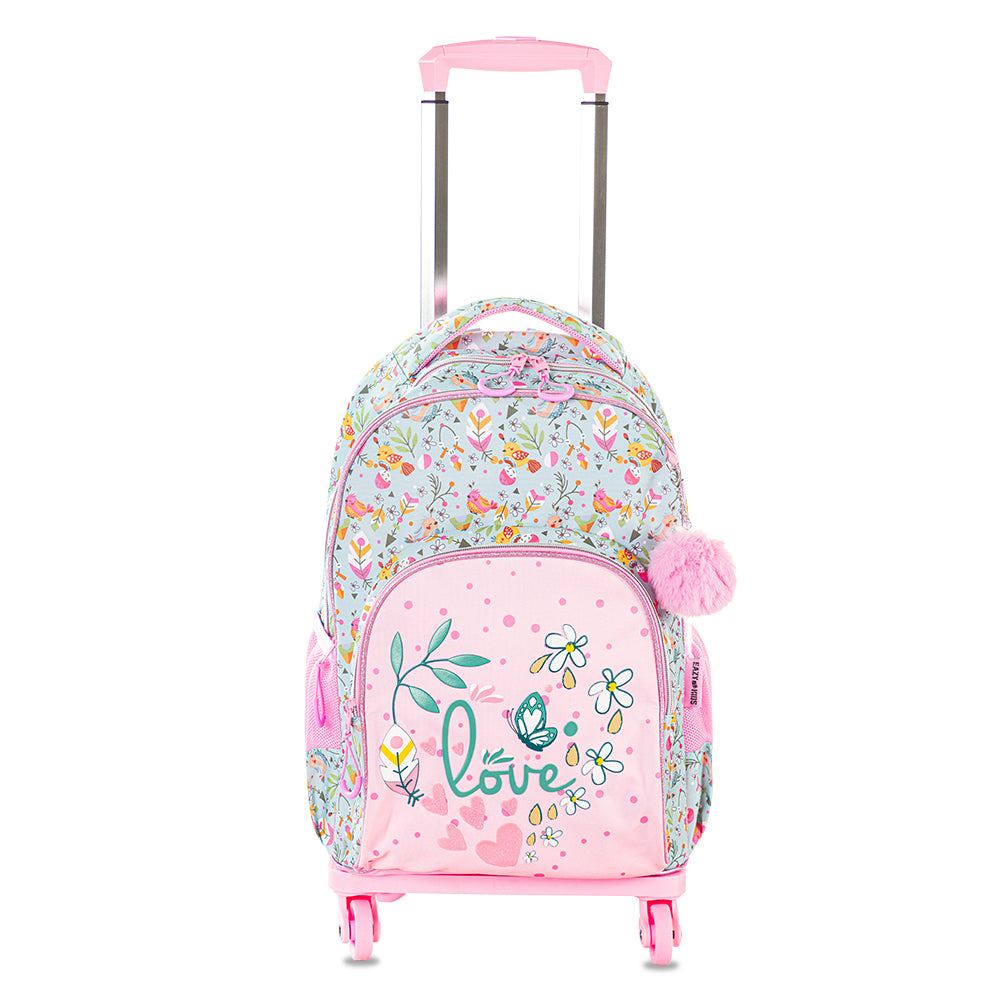 EAZY KIDS 17 inch School Bag Set of 3 w/4 Wheel Trolley, Pencil Pouch - Love Pink