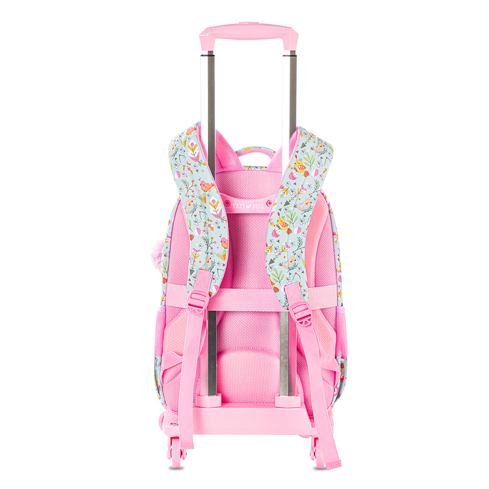 EAZY KIDS 17 inch School Bag Set of 3 w/4 Wheel Trolley, Pencil Pouch - Love Pink