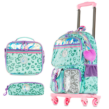 EAZY KIDS 17 inch School Bag Set of 4 w/4 Wheel Trolley, Lunch Bag and Pencil Pouch - Love Green