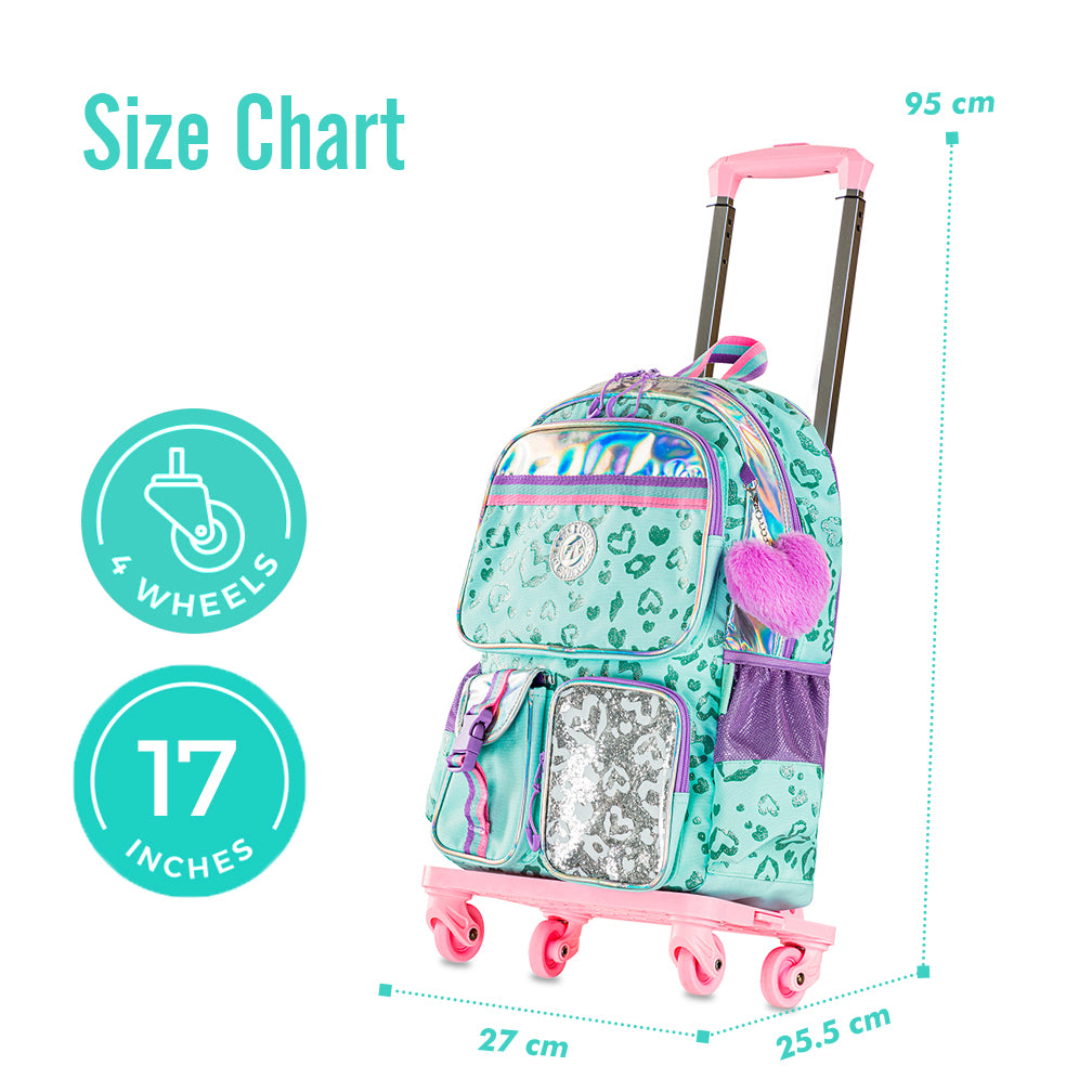 EAZY KIDS 17 inch School Bag Set of 4 w/4 Wheel Trolley, Lunch Bag and Pencil Pouch - Love Green