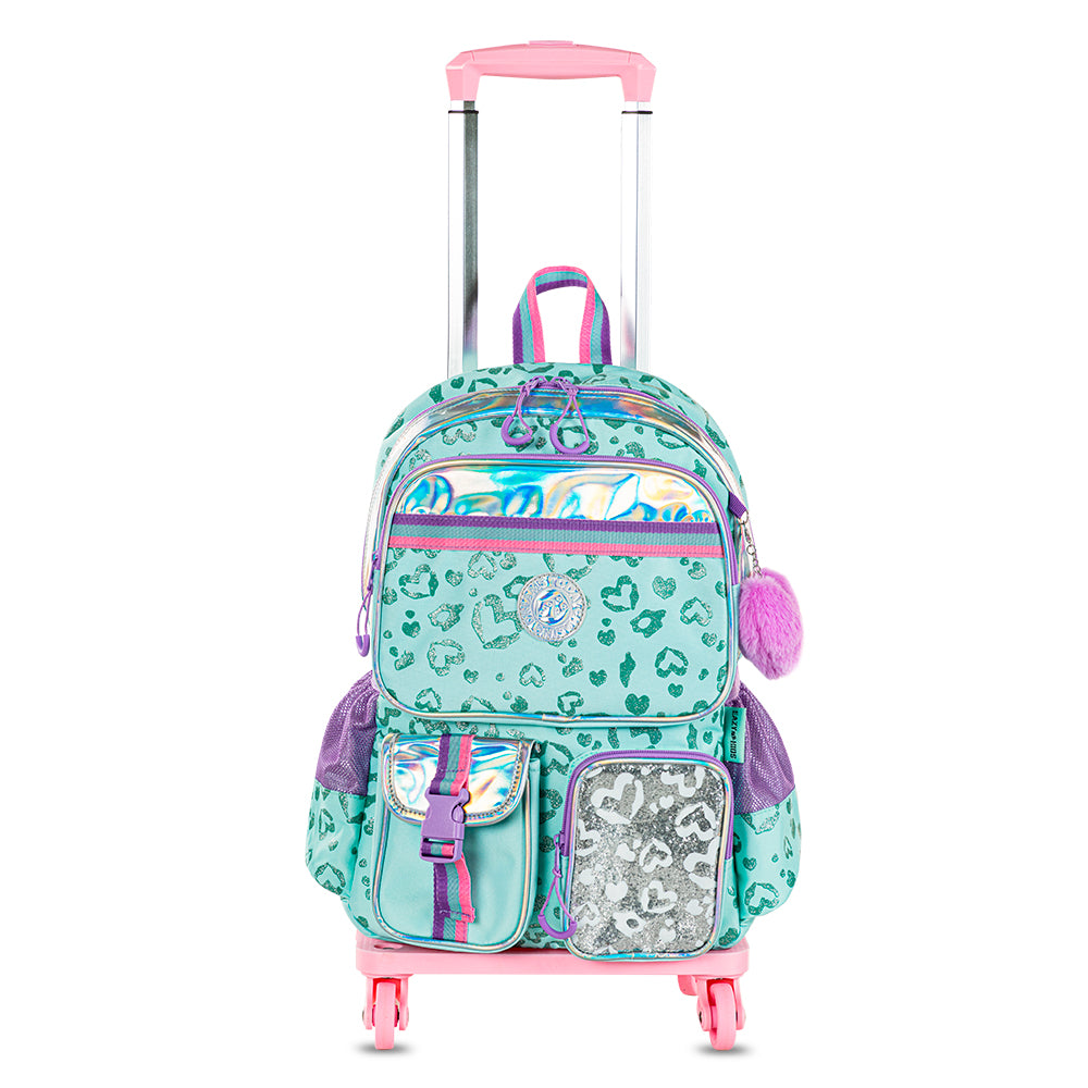 EAZY KIDS 17 inch School Bag Set of 4 w/4 Wheel Trolley, Lunch Bag and Pencil Pouch - Love Green