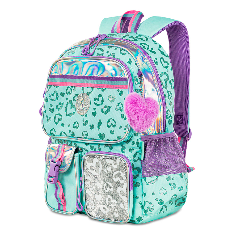 EAZY KIDS 17 inch School Bag Set of 4 w/4 Wheel Trolley, Lunch Bag and Pencil Pouch - Love Green