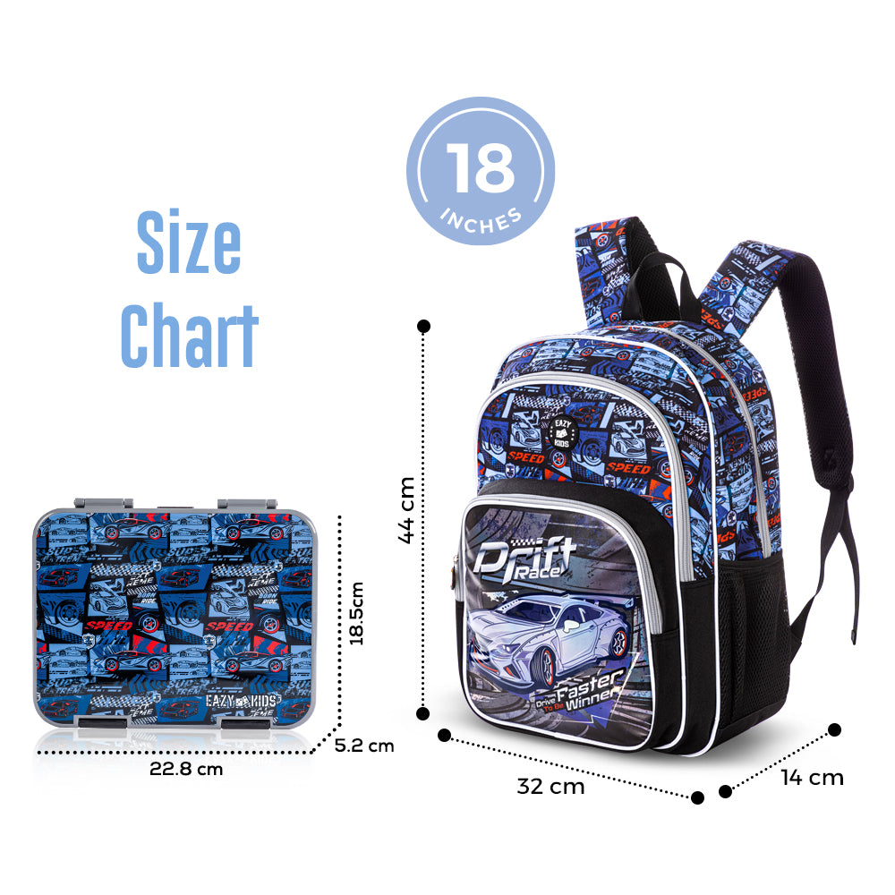 EAZY KIDS 18 inch Set of 5 Backpack w/ Water Bottle, Lunch Box, Lunch Bag and Pencil Case - Car Racing