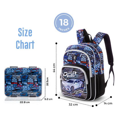 EAZY KIDS 18 inch Set of 5 Backpack w/ Water Bottle, Lunch Box, Lunch Bag and Pencil Case - Car Racing