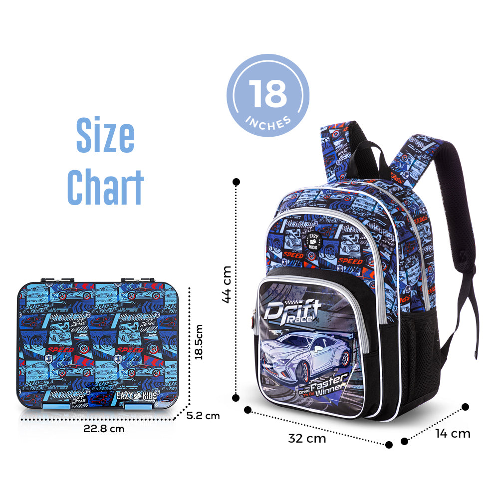EAZY KIDS 18 inch Set of 5 Backpack w/ Water Bottle, Lunch Box, Lunch Bag and Pencil Case - Car Racing