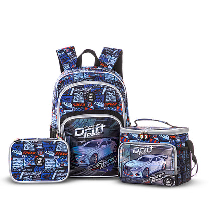 EAZY KIDS 18 inch Set of 5 Backpack w/ Water Bottle, Lunch Box, Lunch Bag and Pencil Case - Car Racing
