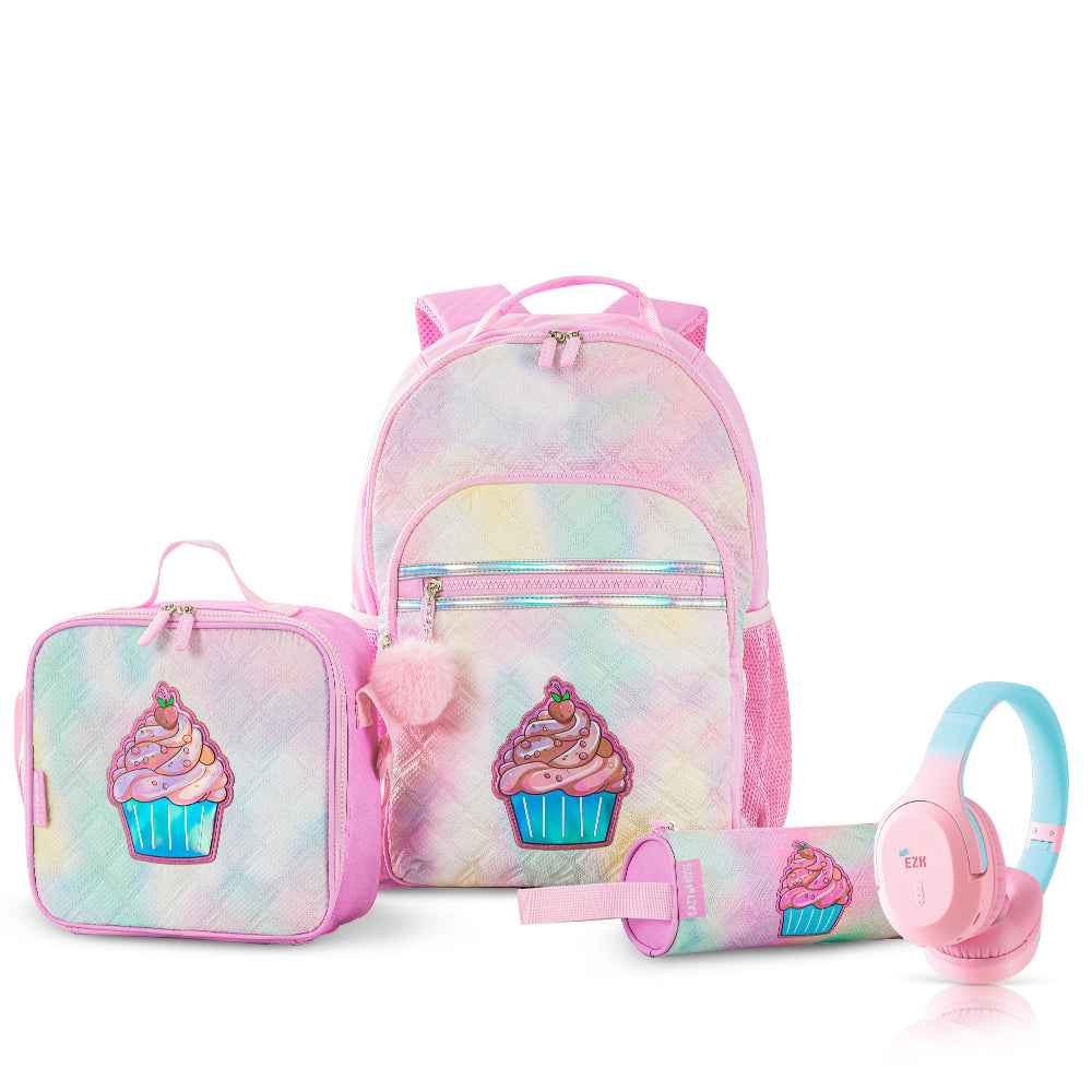 EAZY KIDS 17 inch Set of 4 Backpack w/ BT Headset, Lunch Bag and Pencil Case - Sugar Pop Pink