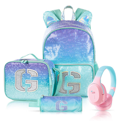 EAZY KIDS 17 inch Set of 4 Backpack w/BT Headset, Lunch Bag and Pencil Case - Girl Glitter Green