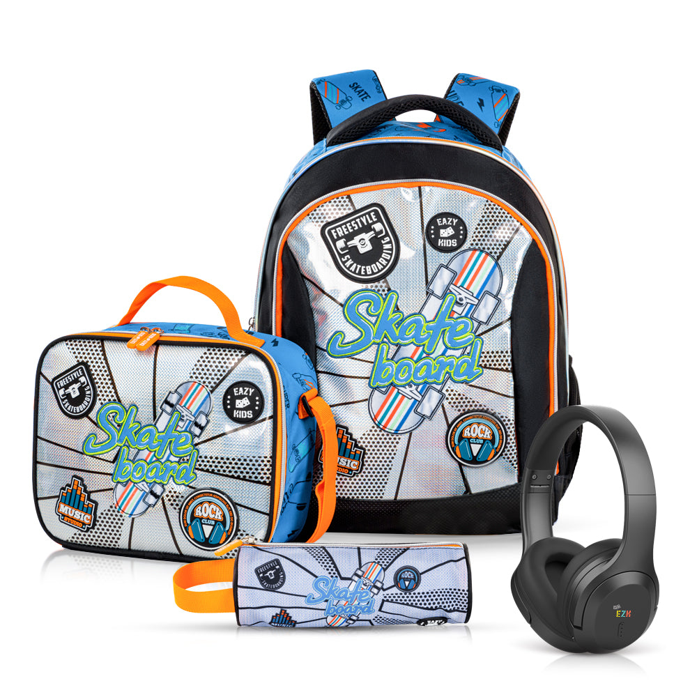 EAZY KIDS 17 inch Set of 4 Backpack w/BT Headset, Lunch Bag and Pencil Case - Skate Board