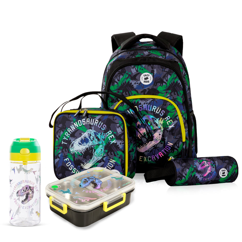 Eazy Kids 17inch Set of 5 Backpack w/ Water Bottle, Lunch Box, Lunch Bag and Pencil Case - T-Rex