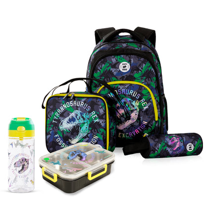 Eazy Kids 17inch Set of 5 Backpack w/ Water Bottle, Lunch Box, Lunch Bag and Pencil Case - T-Rex