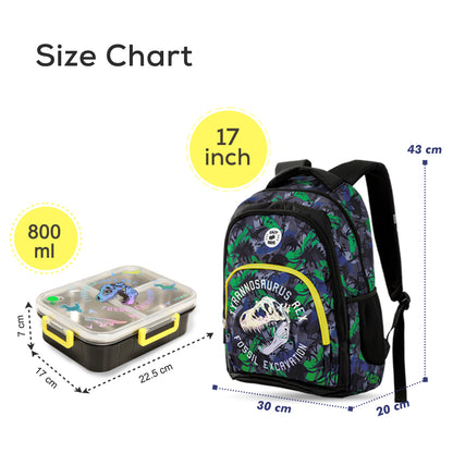 Eazy Kids 17inch Set of 5 Backpack w/ Water Bottle, Lunch Box, Lunch Bag and Pencil Case - T-Rex