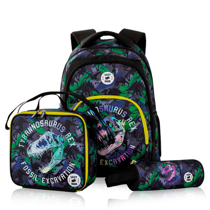 Eazy Kids 17inch Set of 5 Backpack w/ Water Bottle, Lunch Box, Lunch Bag and Pencil Case - T-Rex