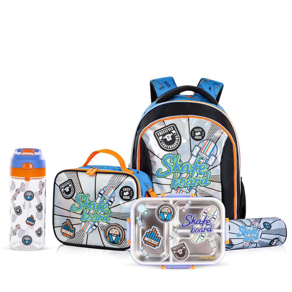 EAZY KIDS 17 inch Set of 5 Backpack w/ Water Bottle, Lunch Box, Lunch Bag and Pencil Case - Skate Board